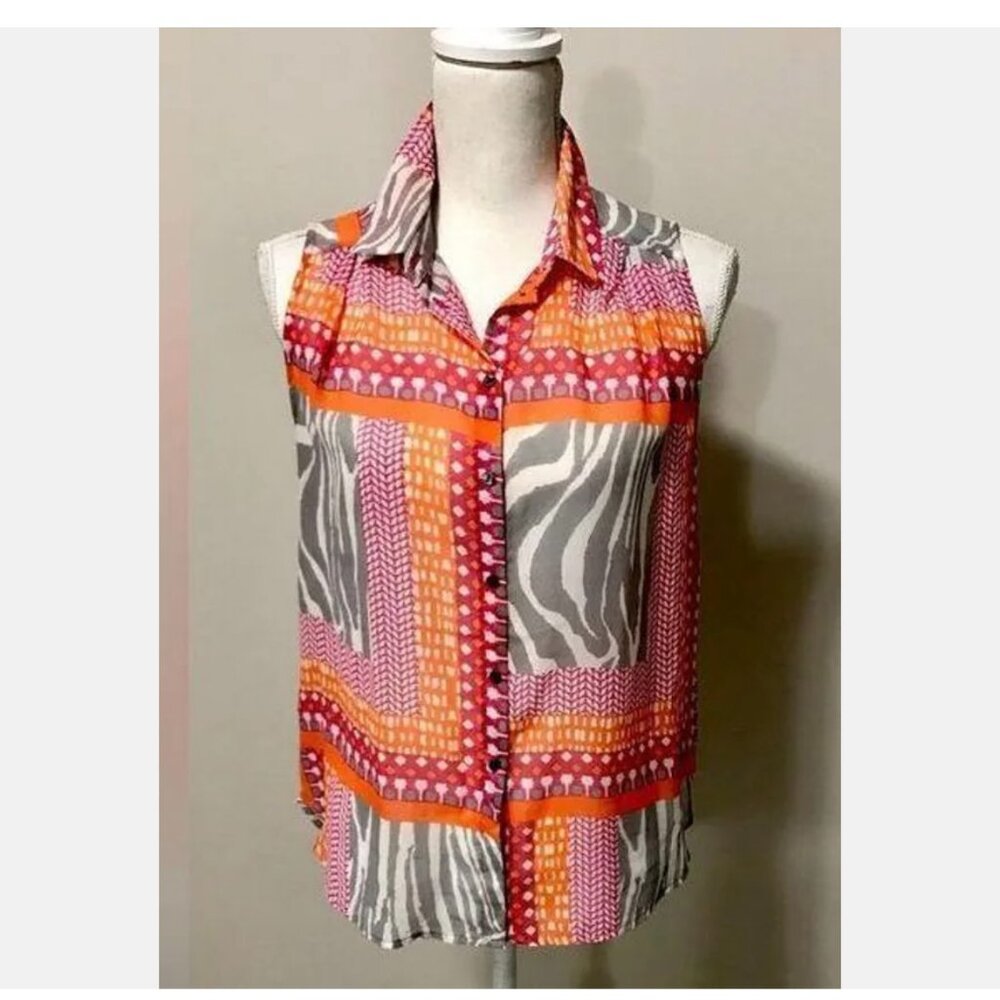 H&M Sz 2 Adorable Sleeveless Blouse Colorful Multi Print Pink Orange & Gray